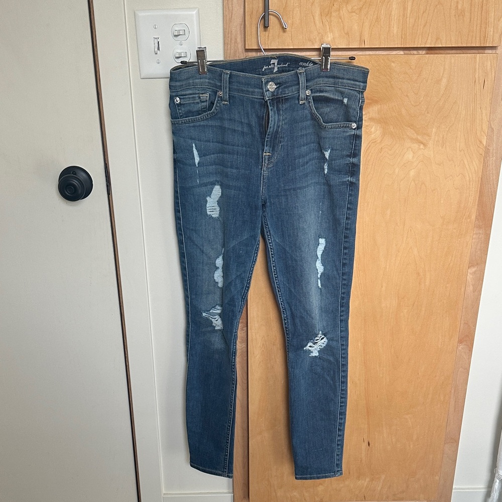 7 For All Mankind Dark Blue Distressed Skinny Jeans